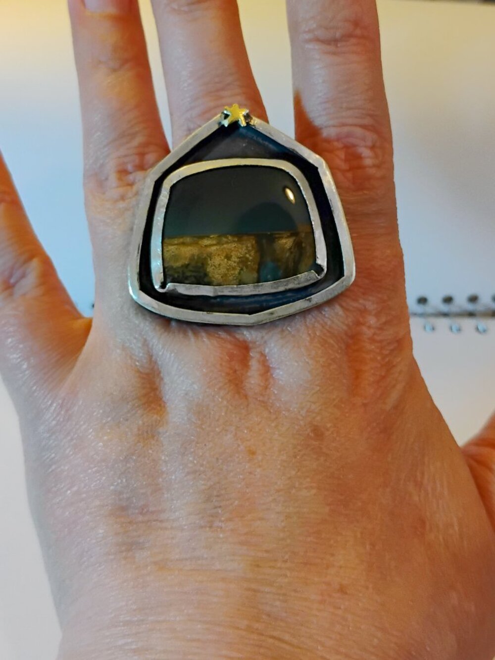 Sterling Silver Ring/Size 8.25-8.5 US/Jasper Stone/14K Gold Star